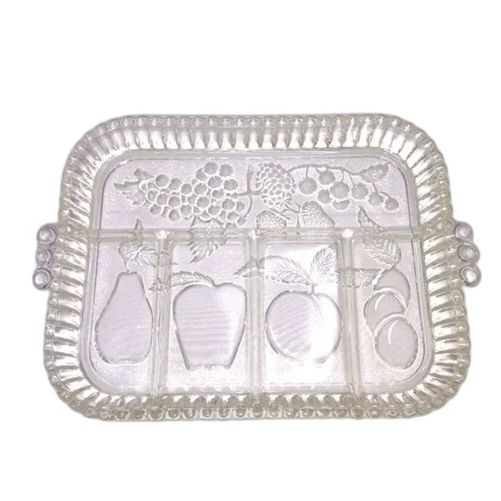 Vintage Indiana Clear Glass Fruit‎ Themed Divided Rectangular Platter